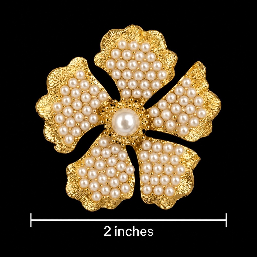 BSK Brooch Vtg Gold Tone Faux Pearl Floral Flower Pin 2" MCM Signed